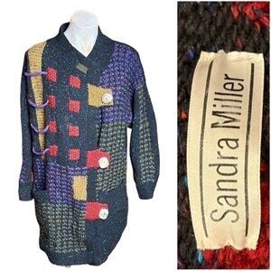 Vintage Sandra Miller Handloomed Artwear Cardigan OS in Black, Purple Red olive